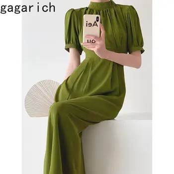Gagarich Винтажное зелена рокля с пищни ръкави, дамско пролетно-лятно нова рокля в корейски стил, с висока талия, на Тънка покривка, Гладки тънки рокли