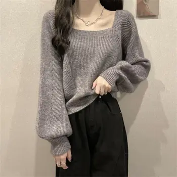 Дебели пуловери за жени за есента и зимата Дизайн: пуловер с малък размер, ръкави-фенери, облицовки, трикотаж в тенденция