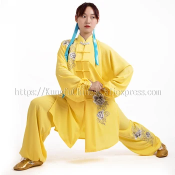 Новата китайска форма на Тайчи костюм за бойни изкуства облекло тайдзи облекло кунг-фу бродерия божур за мъже, жени, възрастни момчета момичета деца
