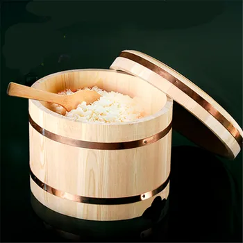 От корейска кухня, купа с мед ръбове в японски стил, голяма купа, купа за сашими, суши, оризово ястие, дървено буре за смесване на ориз, капак за бъчви