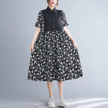 2023, новост, корейски стил, мозайка рокля с флорални принтом, черна шифоновая блуза, лятна рокля, секси ежедневна рокля, женски работно рокля