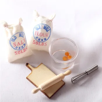 Куклена къща миниатюрна кухня храна играта брашно сол чанта яйце плетене каталка модел подпори за стрелба
