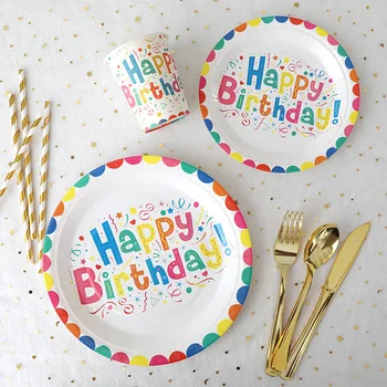 Честит рожден Ден, посуда и прибори за еднократна употреба, творчески чинии с писмото принтом за рожден Ден, Златни сламки, Интериор за детската душа, на партито по случай рождения ден