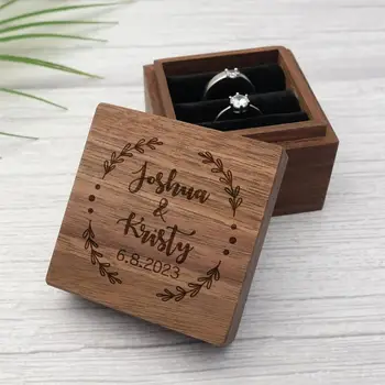 Персонални Кутия за годежни пръстени, Изработени по Поръчка Квадратна дървена кутия с пръстен на приносител, Пръстен за декорация на сватба в селски стил, Възглавница, Оферта, Годеж