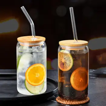 1 Комплект Стъклена чаша с Обем от 500 мл с соломинкой, Дървена капачка, силикон о-пръстен, Огнеупорни чаша за пиене под формата на буркани