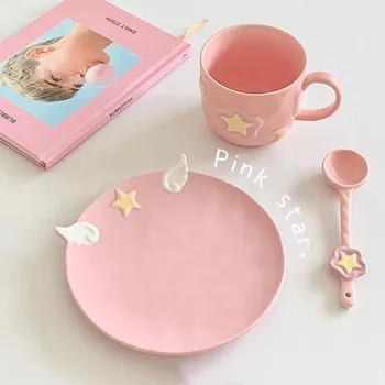 Розова керамични кафеена чаша и чиния, скъпа чаша за следобеден чай за момичета с лъжица, големи и малки крила, звезда