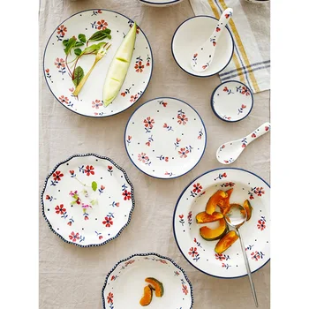 керамични прибори за хранене през цялата червено цвете с принтом под глазурованный порцелан с трапезария и кухненска посуда лъжица чиния купа креативен подарък с кухненски контейнер за хранене