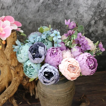 Изкуствен Божур с 13 глави, роза, цветя, камелия, винтажное сватбена украса в европейски стил, ваза, цвете споразумение за парти