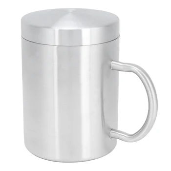 Чаша от неръждаема стомана с дръжка и капак, двупластова топлоизолационна чаша, една чаша за лятна къща (S 286 мл