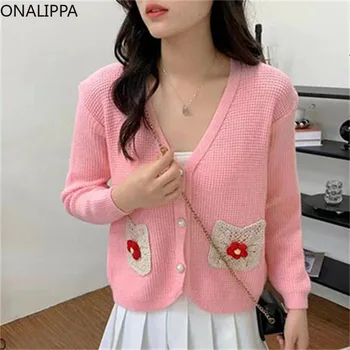Вязаный жилетка с обемни цветя Onalippa, V-образно деколте, сладък контрастен однобортный без жилетка, корейски тънък пуловер