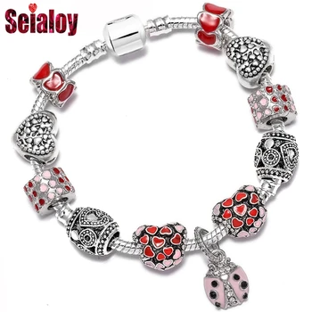 Seialoy, модни гривни с висулки във формата на Дървото на Живота във формата на сърце за жени и мъже, оригинални розови ladybugs, многоцветни гривни с мъниста любов