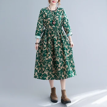 Пролетта рокля 2023, ново записване, памучно семе и лененото рокля с флорални принтом, винтажное офис женски работно рокля, женски ежедневното есента рокля