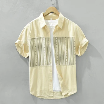 Мъжка риза в райе в стил мозайка с къс ръкав и отложным яка, ежедневни блузи, мъжки риза с копчета