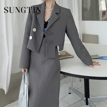 Sungtin Реколта комплекти от 2 теми, пролет-есен 2023, модерен шик блейзери в клетката, сака и поли с висока талия, костюми-wild