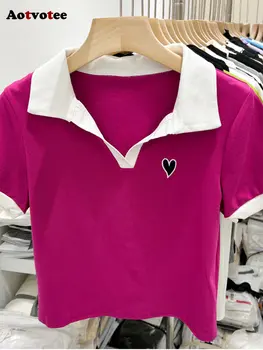 Женска тениска с бродерия Aotvotee контрастен цвят, модерен нов дизайн, елегантна риза, луксозен офис дамска риза с къс ръкав