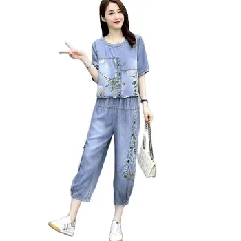 Лято 2023, нов корейски модерен деним комплект с принтом, топ + панталони, женски каубойски костюм, тънък всекидневен костюм, женски 2 бр.