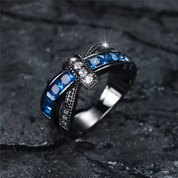 Пръстен със син кристал и малки квадратни камъни, Брачни халки с бял цирконием под формата на кръст за Жени, винтажное годежен пръстен от черен метал, бижута подарък
