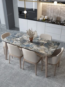 Комбинация от скандинавския мрамор луксозен камък, масивно дърво, маса за хранене и стол модерен проста правоъгълна маса за хранене за малко семейство hou