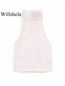 Willshela, дамски модни синелевые бежово съкратен трикотажни блузи в бретелях с отворен гръб, реколта блузи без ръкави с бретельками на врата, луксозни дамски блузи