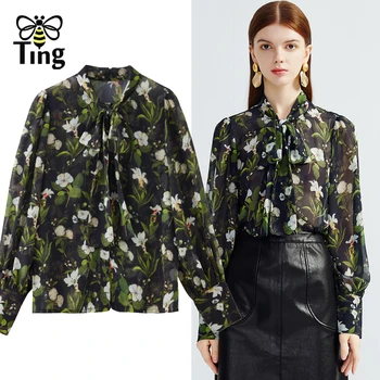Дизайнер Tingfly, модни дамски елегантни шифоновые блузи с флорални принтом и яка-лък, лятото, есента и Blusas Za