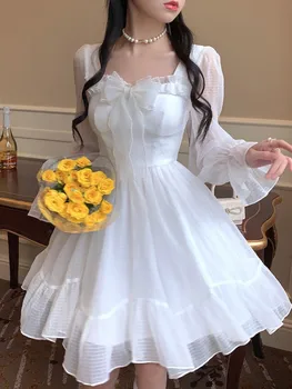 Бяла рокля в стила на Kawai, женски шифоновые мини рокли в стил 