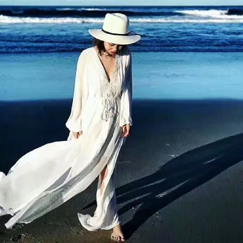 Дългата плажна облекло 2023, лятно парео, плажни наметало, шифоновый бели Бикини, наметало, кафтан, Milko De Praia, наметало за трико # Q399