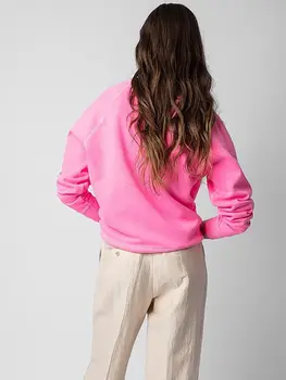Aich Mirror, лилаво, класически дамски hoody с бродерия букви, памук женски пуловер с кръгло деколте и дълги ръкави, ретро всекидневни женски топ