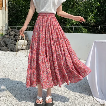 2023 Новата пролетно-лятна дамска тънка дълга пола с висока талия, корейската мода, висококачествена реколта лоскутная пола с голям подолом и цветен модел