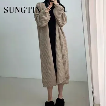 Sungtin Ретро свободен дълъг пуловер Жилетка за жени корейски обикновен универсален ден за ден пуловер Мода, Стил BF Облекло Оверсайз