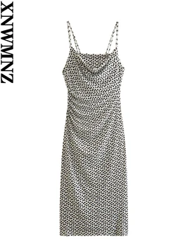 XNWMNZ, Дамско Модно Нова рокля с драпированным деколте, женствена рокля на тънки двойни бретелях, тънък женски шикозни рокли midi