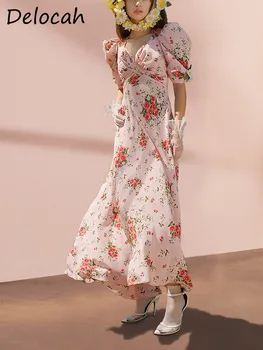 Delocah/ висок клас годишен сарафан, дамско модно дизайнерско рокля midi за подиум с V-образно деколте, висока талия, с цветна принтом, вечерни рокли