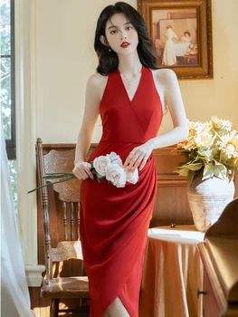 Ново записване, лятно червено женствена рокля с V-образно деколте, секси сватбена рокля без ръкави, с цепка и отворен гръб, елегантна прекрасна дебнещ черна рокля Vestidos