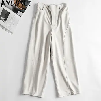 AYUNSUE/ Кожени панталони с висока талия, дамски панталони от висококачествена овча кожа, бели широки панталони, дамски костюмные панталони пълна дължина