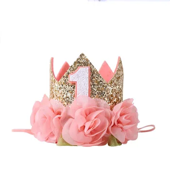 Розовата роза, 1-лятна шапка с корона, Декор за парти честит рожден Ден, Детска шапка за момичета, 1-ва шапка, подпори за фотосесия за рожден Ден, шапка
