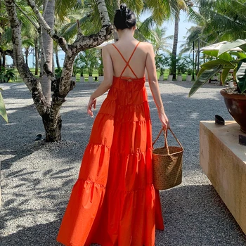 Нова пола за морски курорт, с плажна оранжевото страхотна рокля с отворен гръб