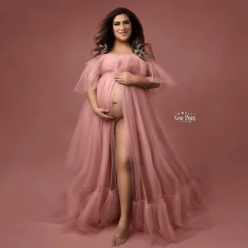Елегантни румяно-розови тюлевые рокли за бременни, мрежест дълга рокля за бременни, рожден Ден, фотосесии за душата на детето