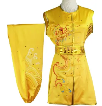 конфигуриране на ВЪЗРАСТНИ и детски дрехи за бойни изкуства без ръкави, с бродерия дракон кунг-фу чанцюань костюми ушу наньцюань униформи червен/жълт