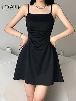 Weekeep 2023, лятно Нова рокля, дамски черни рокли трапецовидна форма, без ръкави, всекидневни сарафан, градинска дрехи, дама в корейски стил