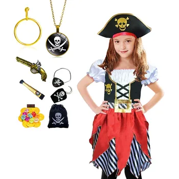 Пълен комплект пиратски костюм за момичета с шапка, огърлица, обеци и пищна пола