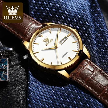 OLEVS/ нови бизнес мъжки механични часовници от водоотблъскваща естествена кожа, луксозни автоматични ръчен часовник Relogio Masculino