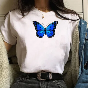 Новата Женска тениска, Синя Тениска с принтом Пеперуди, Ежедневни Блузи в стил Харадзюку С Графичен дизайн, Дамски Сладка тениска на 90-те години, Тениска с къс ръкав За Момичета