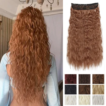 Синтетични Наращенные коса с 5 скоби, Дълга Къдрава коса, перуки, изработени от естествени кафяво-черни 80 см., топлоустойчиви режийни коса за жени