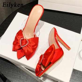 Eilyken, модни сатенени дамски чехли с остри пръсти във формата на пеперуда, вечерна рокля на тънък висок ток, обувки с пързалка