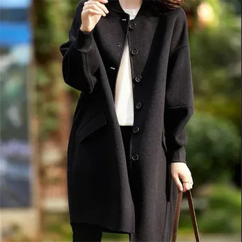 Вълнена куртка, женски модерен случайни тренч средна дължина, пролет-есен, однобортный, с дълги ръкави, черна на горно облекло, дамски
