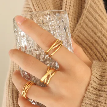 2023, модни 18-каратные позлатени пръстени С-образна форма, не изчезват, бижута от неръждаема стомана, кръстосани геометрични пръстени на палеца