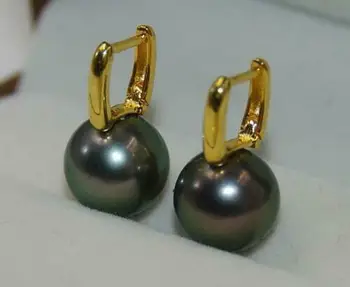 Прекрасни обеци с естествен таитянским черни перли AAA + 9-10 мм, кръгли