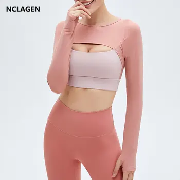 Блуза за йога NCLAGEN, есенно-зимни дамски секси отворена тениска за бягане с дълги ръкави и подплата в гърдите, фалшива тениска за фитнес
