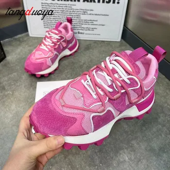 Спортни Дамски маратонки от изкуствена кожа смесени цветове, обувки на платформа с шнур, дамски ежедневни обувки за бягане ръчно изработени, женски маратонки