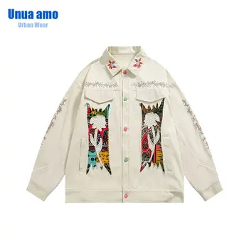 Реколта бял деним яке, за мъже пролет градинска облекло в стил хип-хоп, яке с бродерия на цветя в ретро стил, модерно свободно палто Унисекс