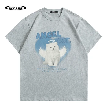 Мъжки t-shirt, бяла тениска с принтом Котка-на Ангел от анимационен филм, Мъжка тениска с къс ръкав в стил хип-хоп Harajuku, блузи, тениски, лятна градинска облекло от памук